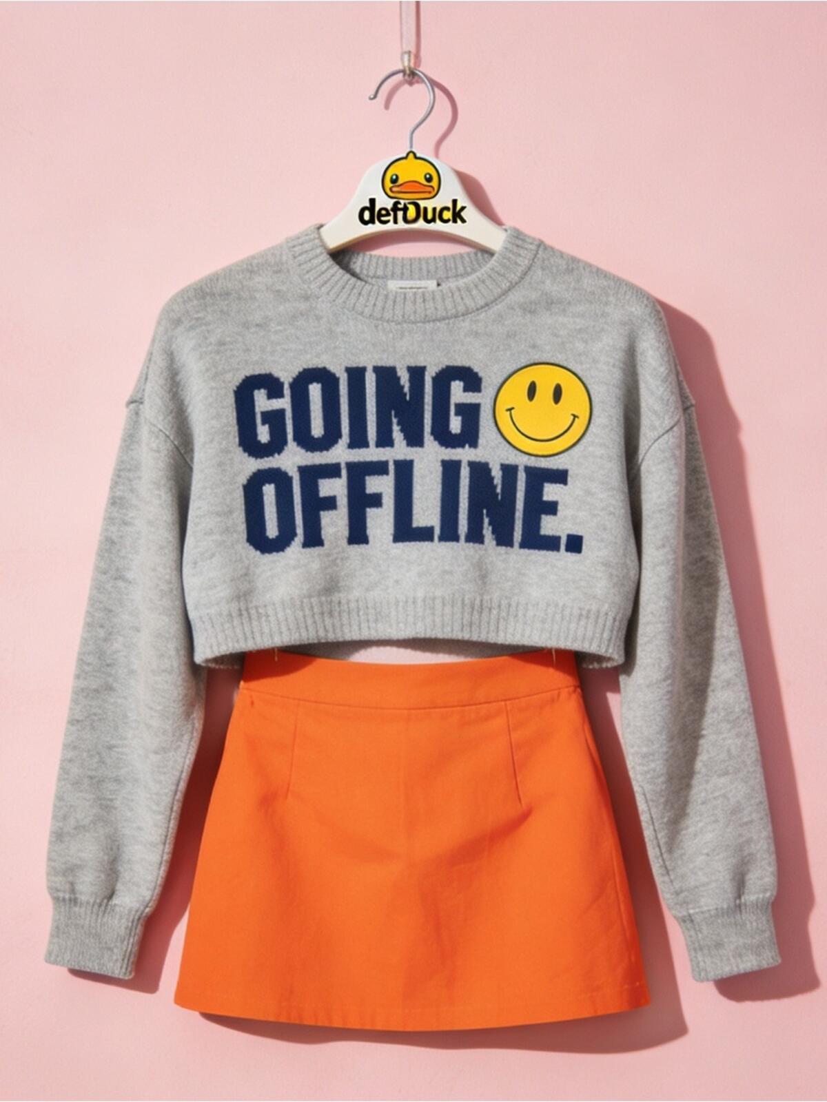 Grey 'Going Offline' Cropped Sweater with Yellow Smiley