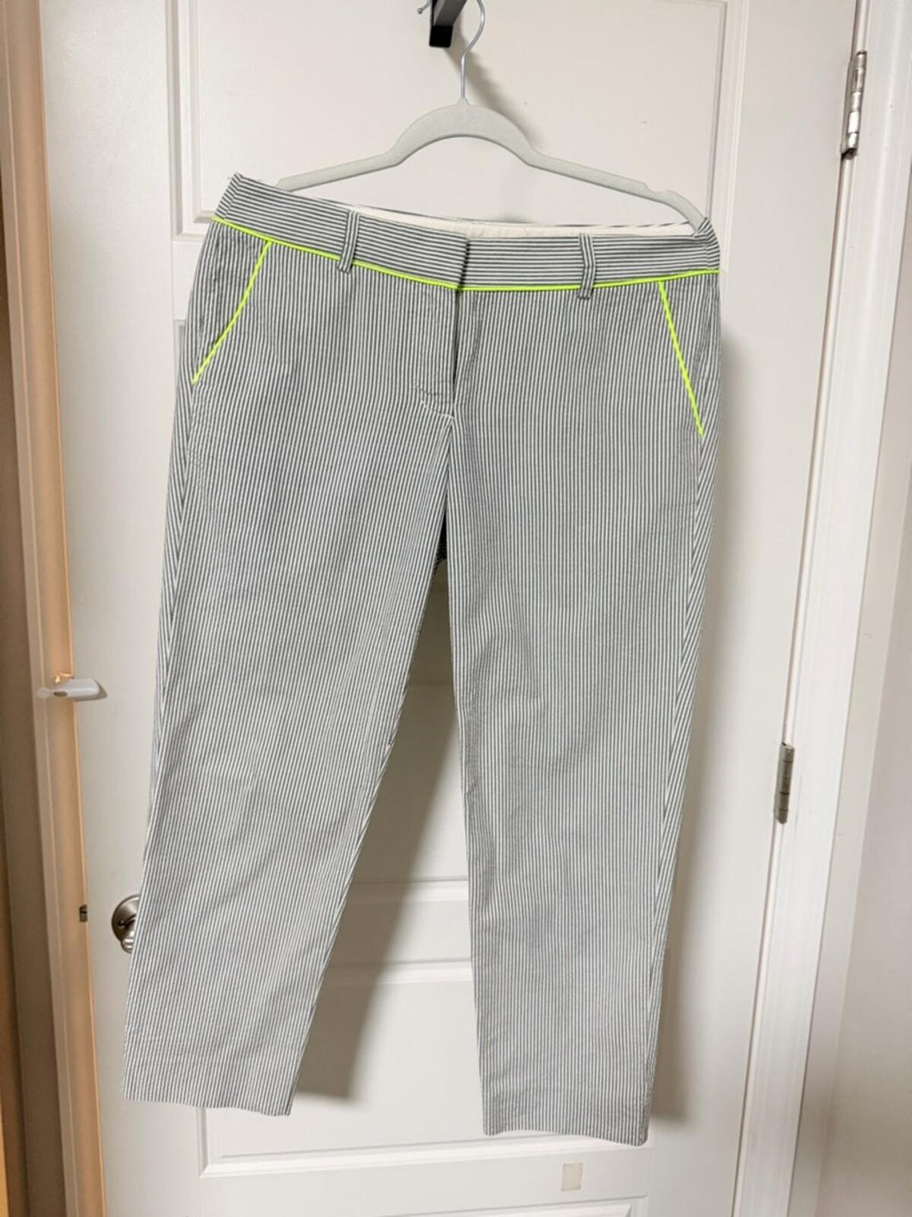 J. Crew Blue and White Pinstripe Pants with Neon Trim