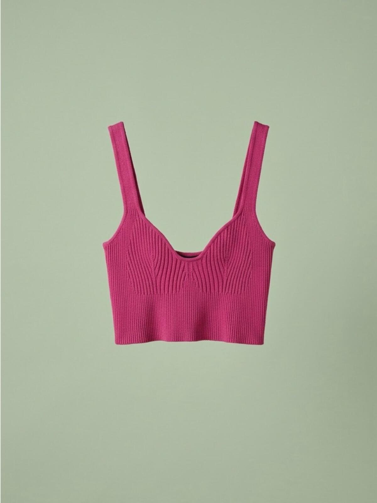 Maniere De Voir Fuchsia Ribbed Sweetheart Crop Top