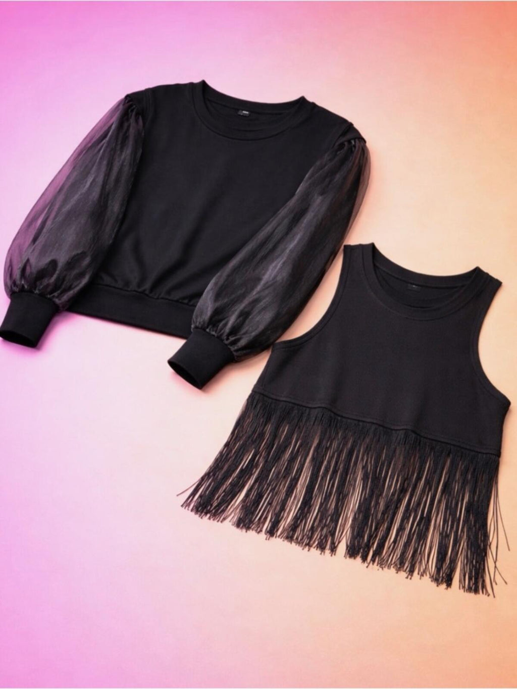 SHEIN Black Fringe Long Sleeve Sweater with Sheer Puff Sleeves party 🎉 Duo 👯