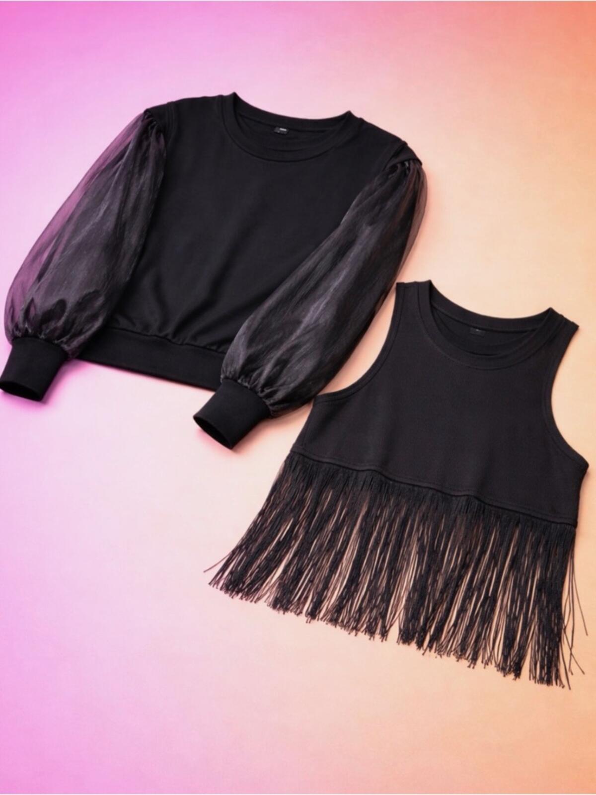 SHEIN Black Fringe Long Sleeve Sweater with Sheer Puff Sleeves party 🎉 Duo 👯