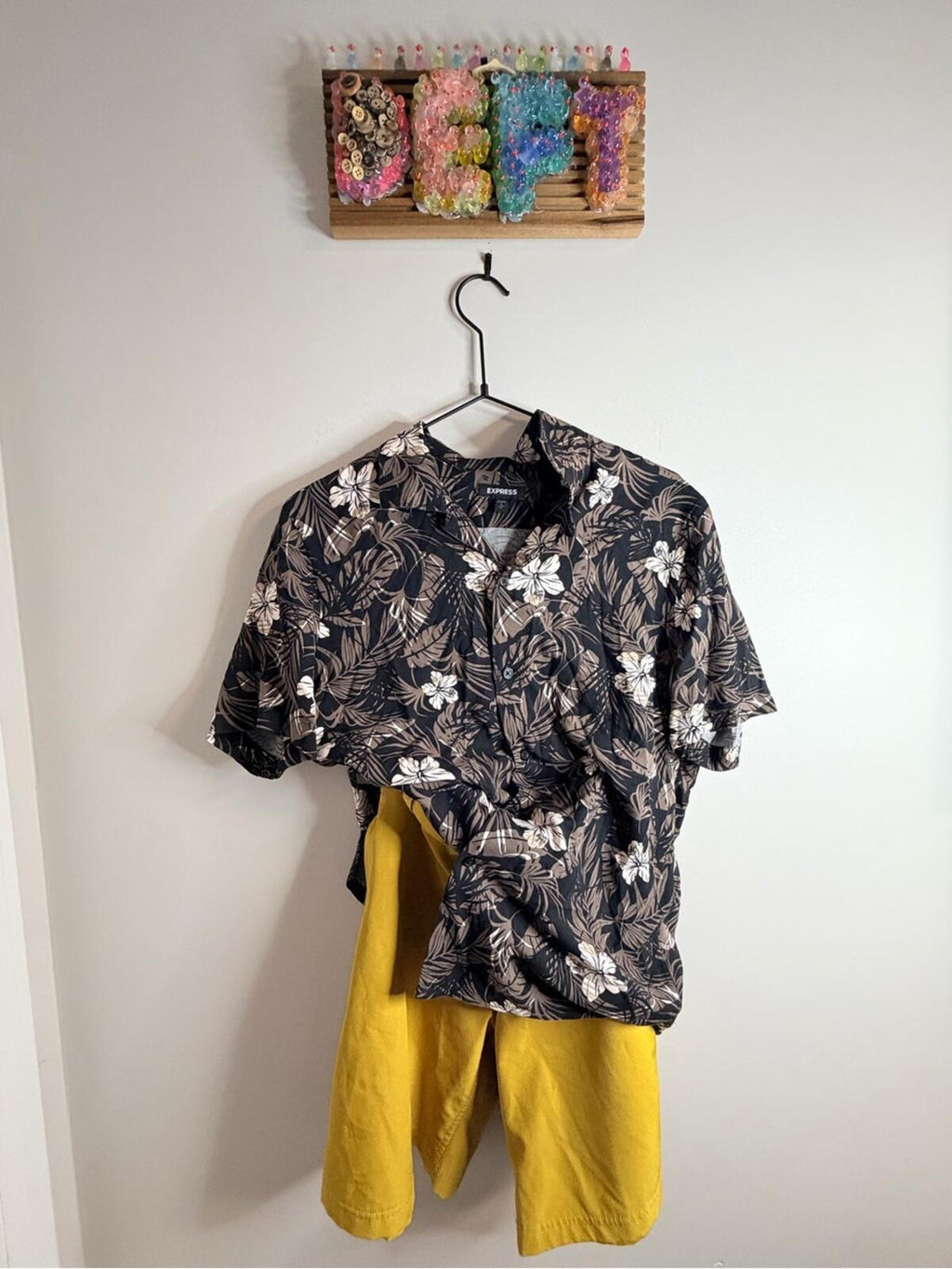 Express Black Floral Button-Front Top with Mustard Yellow Shorts