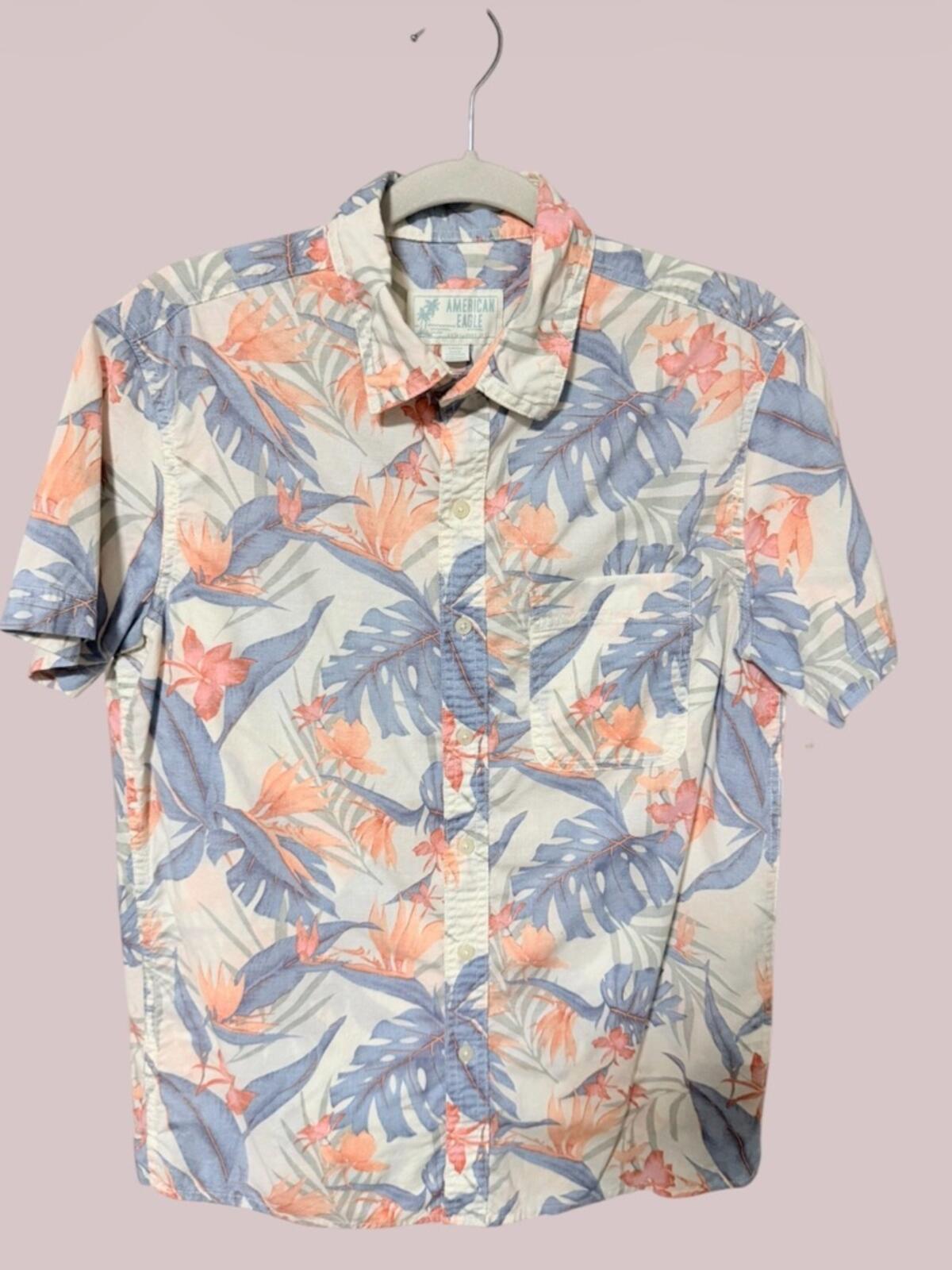 American Eagle Outfitters Floral Button-Up Shirt - Cream, Blue, Coral
