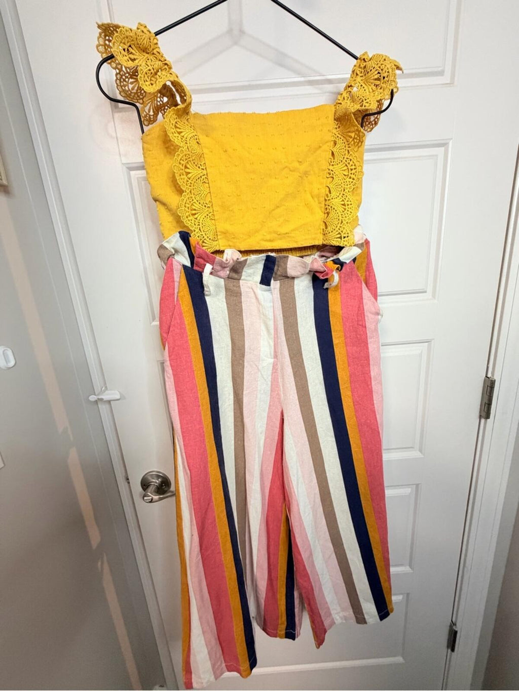 Yellow Crochet-Trim Tank with Multicolor Stripe Pants