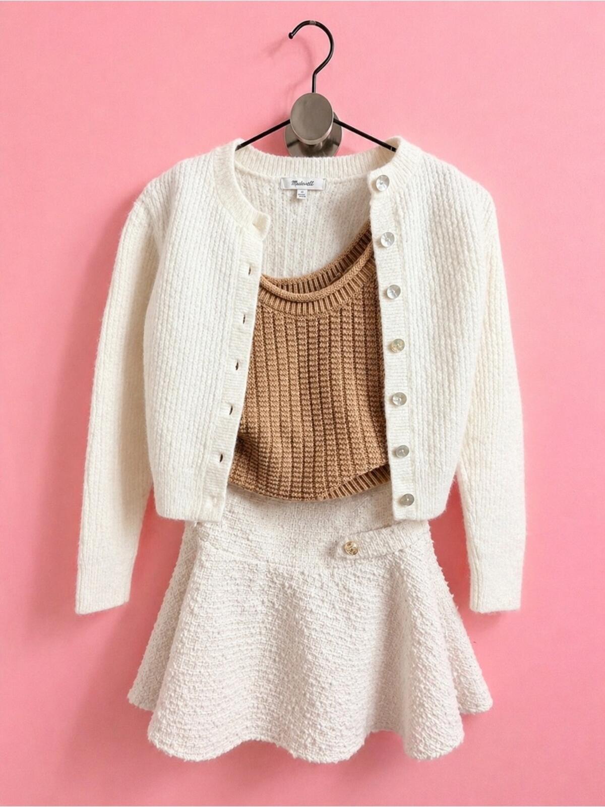 Ecru Knit Cardigan with Camel Rib Tank - Unbranded