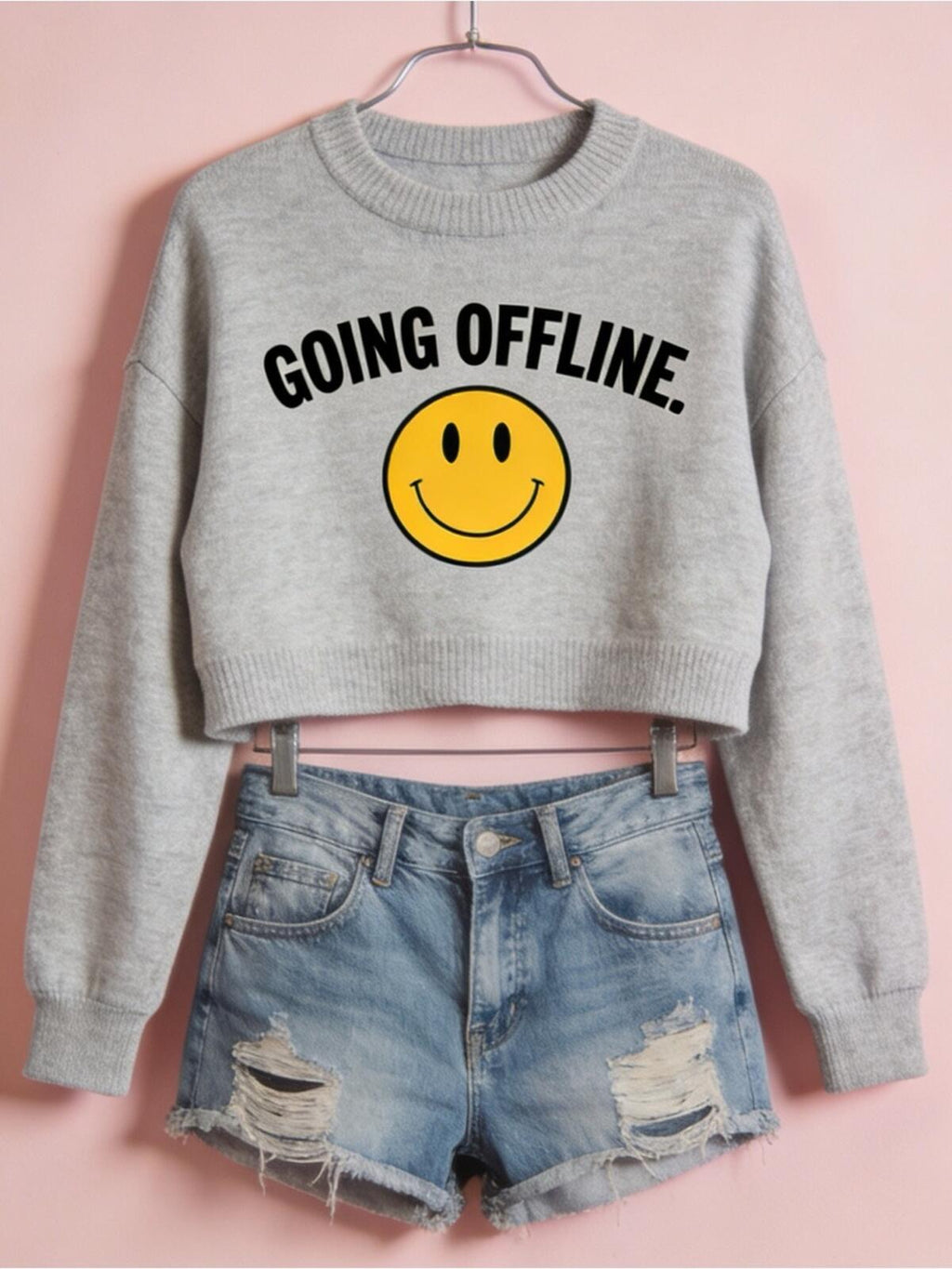 Going Offline Gray Cropped Sweatshirt with Smiley