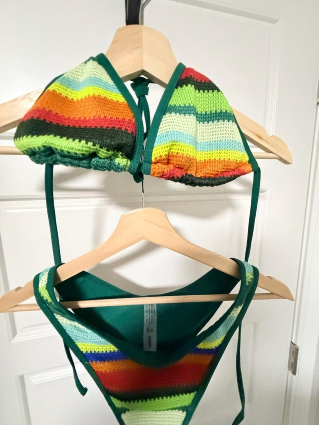 Striped Green Crochet Triangle Bikini Top and Bottom Set