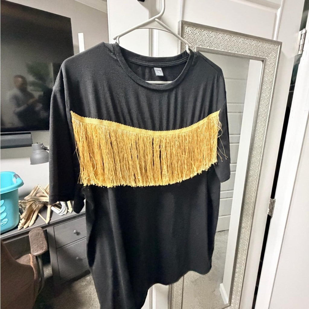 SHEIN Black Tee with Yellow Fringe