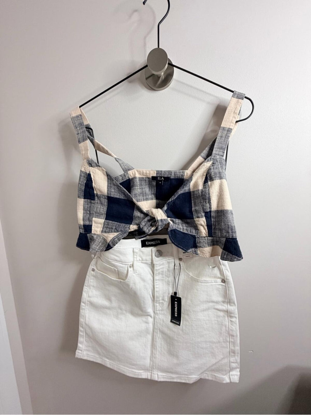 Express Plaid Tie-Front Crop Top - Navy & Cream