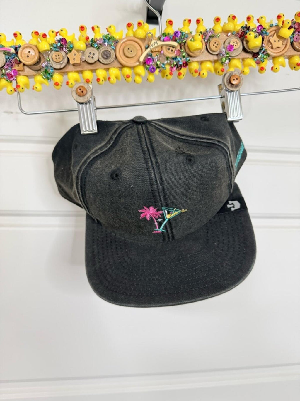 Men's Black Baseball Cap with Pink Palm & Neon Martini Embroidery