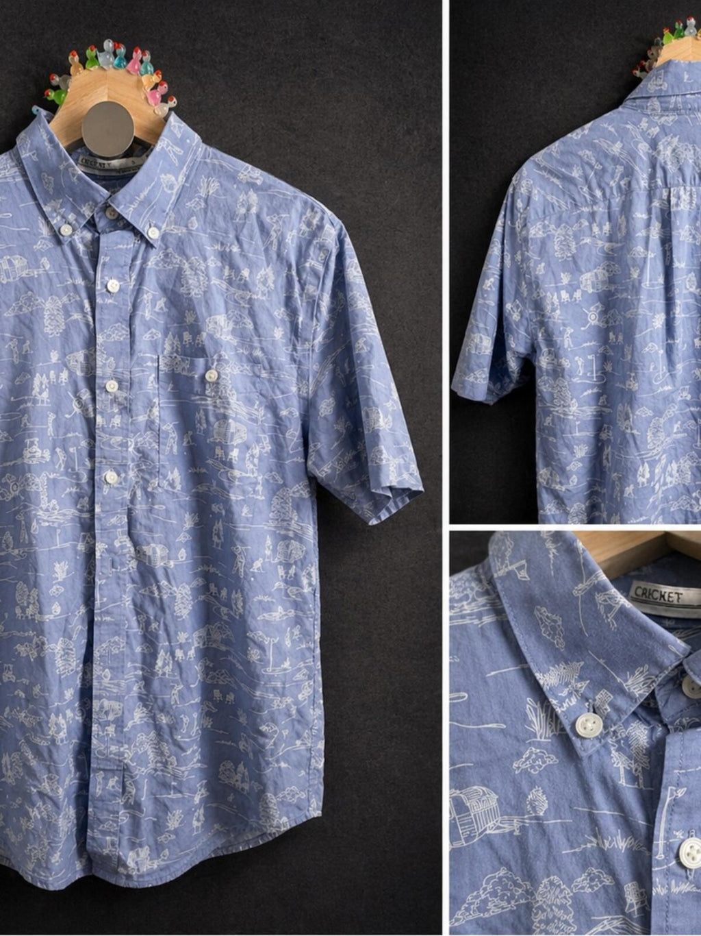 Criquet Light Blue Short-Sleeve Button-Down with White Scenic Print
