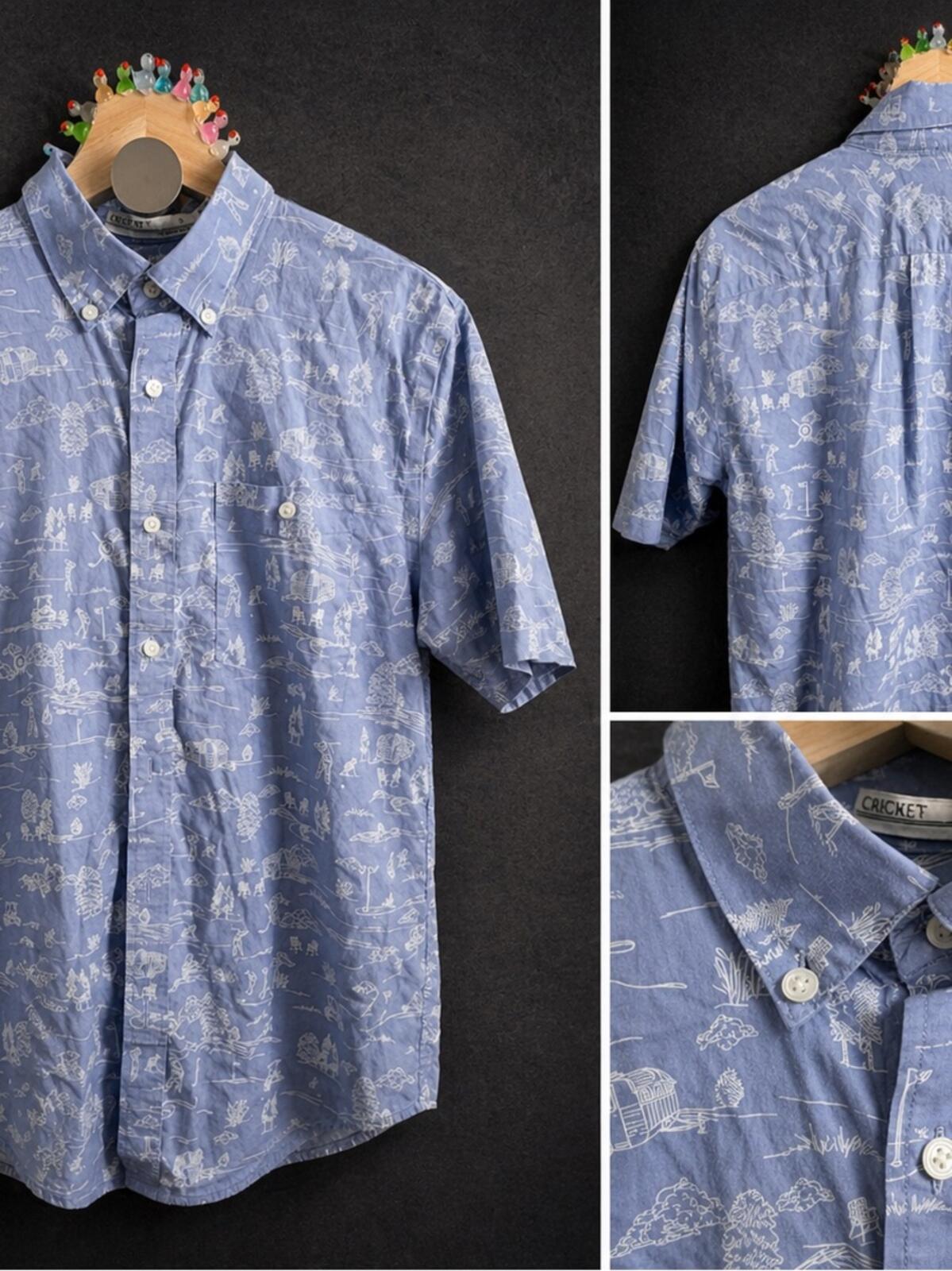 Criquet Light Blue Short-Sleeve Button-Down with White Scenic Print