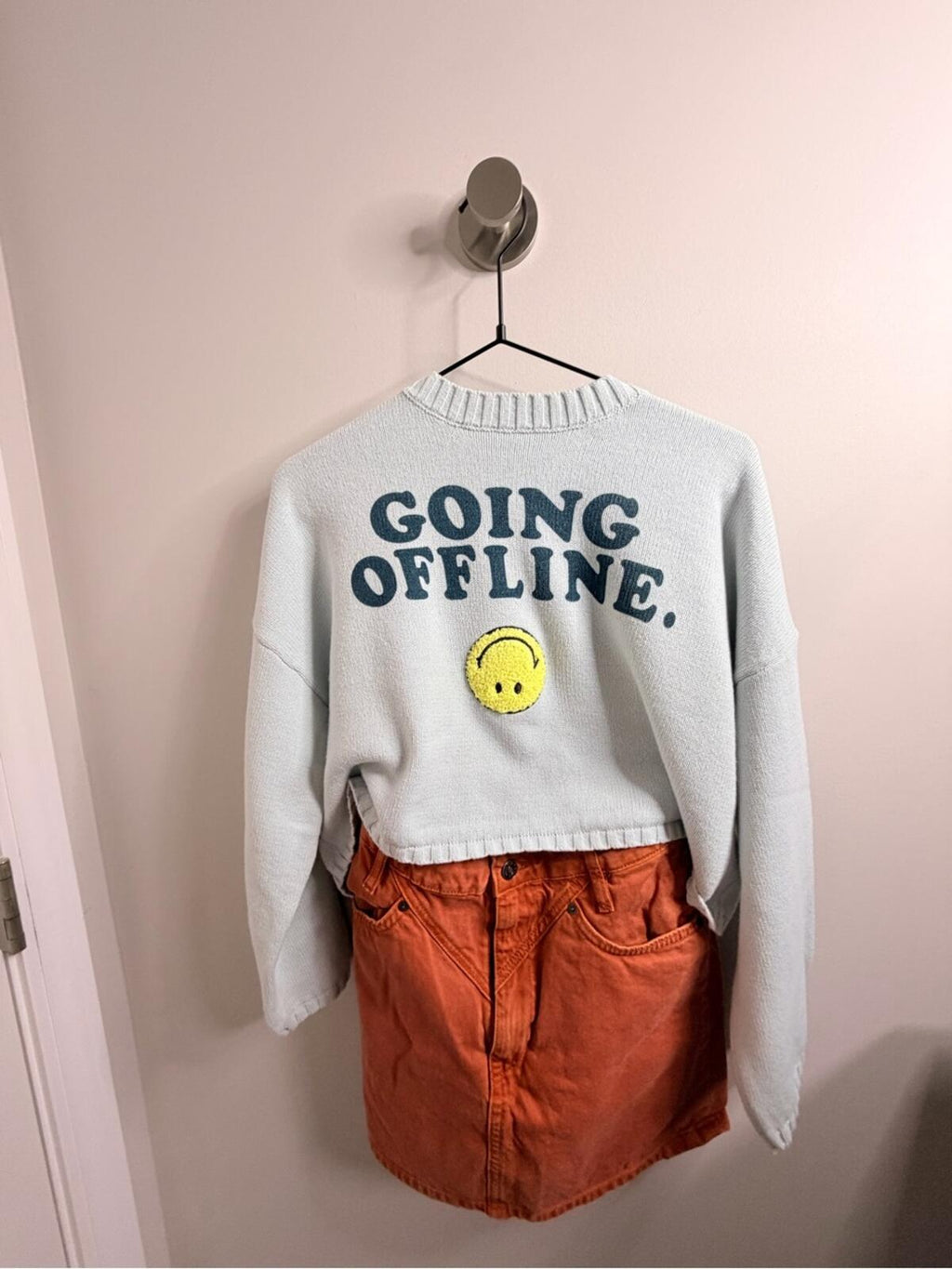 Grey 'Going Offline' Cropped Sweater with Yellow Smiley