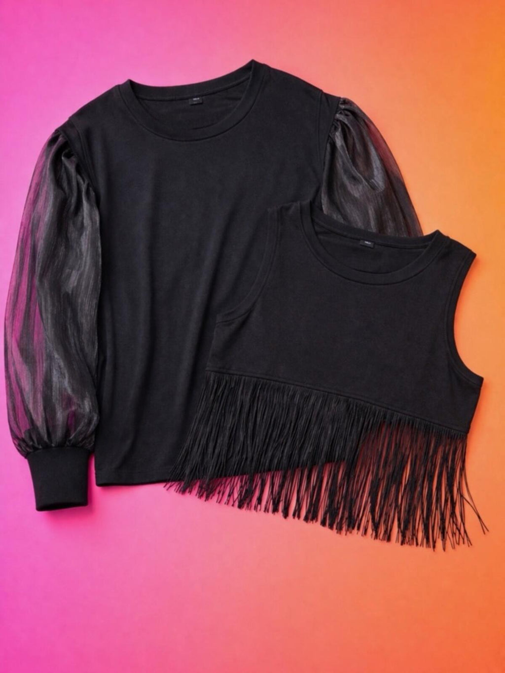 SHEIN Black Fringe Long Sleeve Sweater with Sheer Puff Sleeves party 🎉 Duo 👯