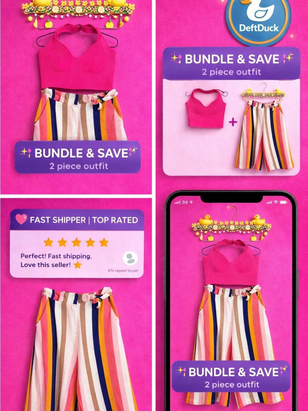 Women’s Pink Halter Crop Top & Multicolor Striped Wide-Leg Pants Set