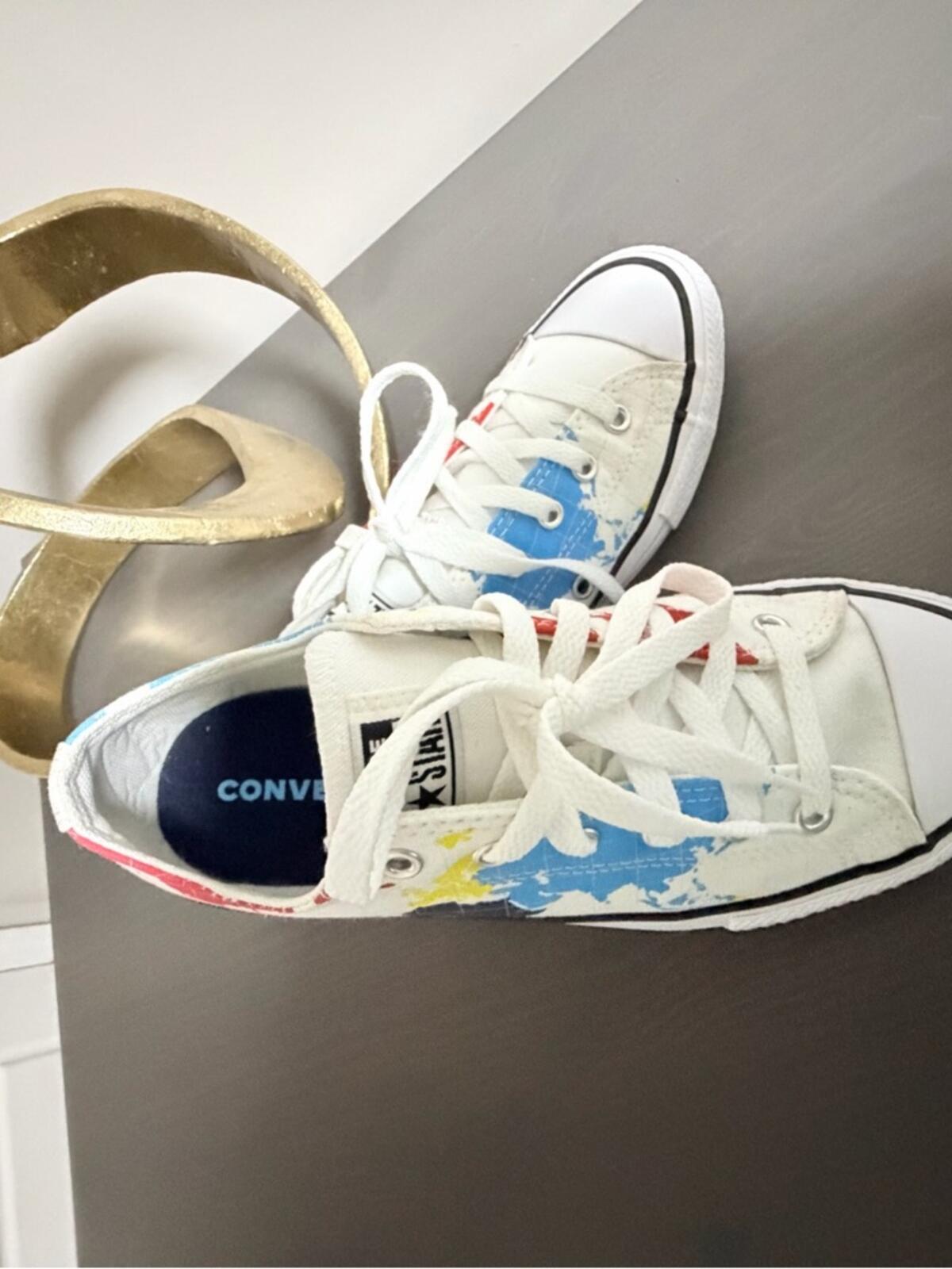 BIG kids White Canvas Sneakers with Blue & Red Paint-Style Accents