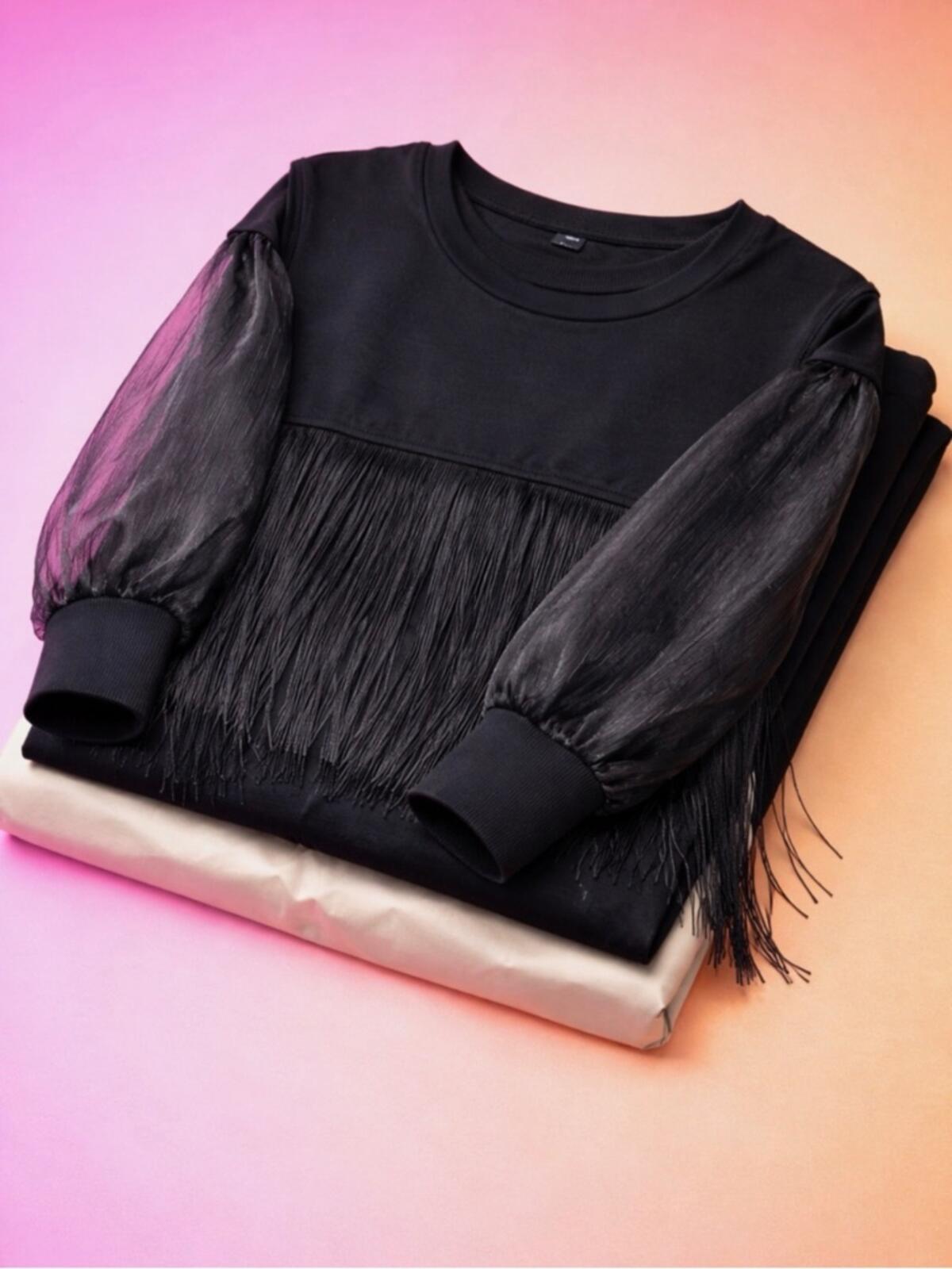 SHEIN Black Fringe Long Sleeve Sweater with Sheer Puff Sleeves party 🎉 Duo 👯