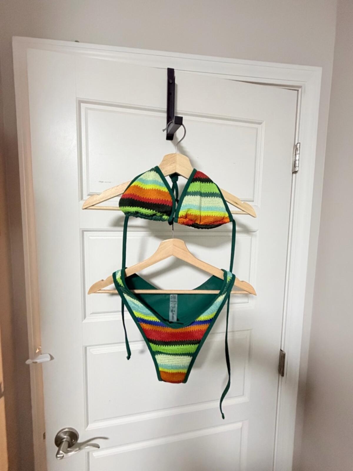 Striped Green Crochet Triangle Bikini Top and Bottom Set