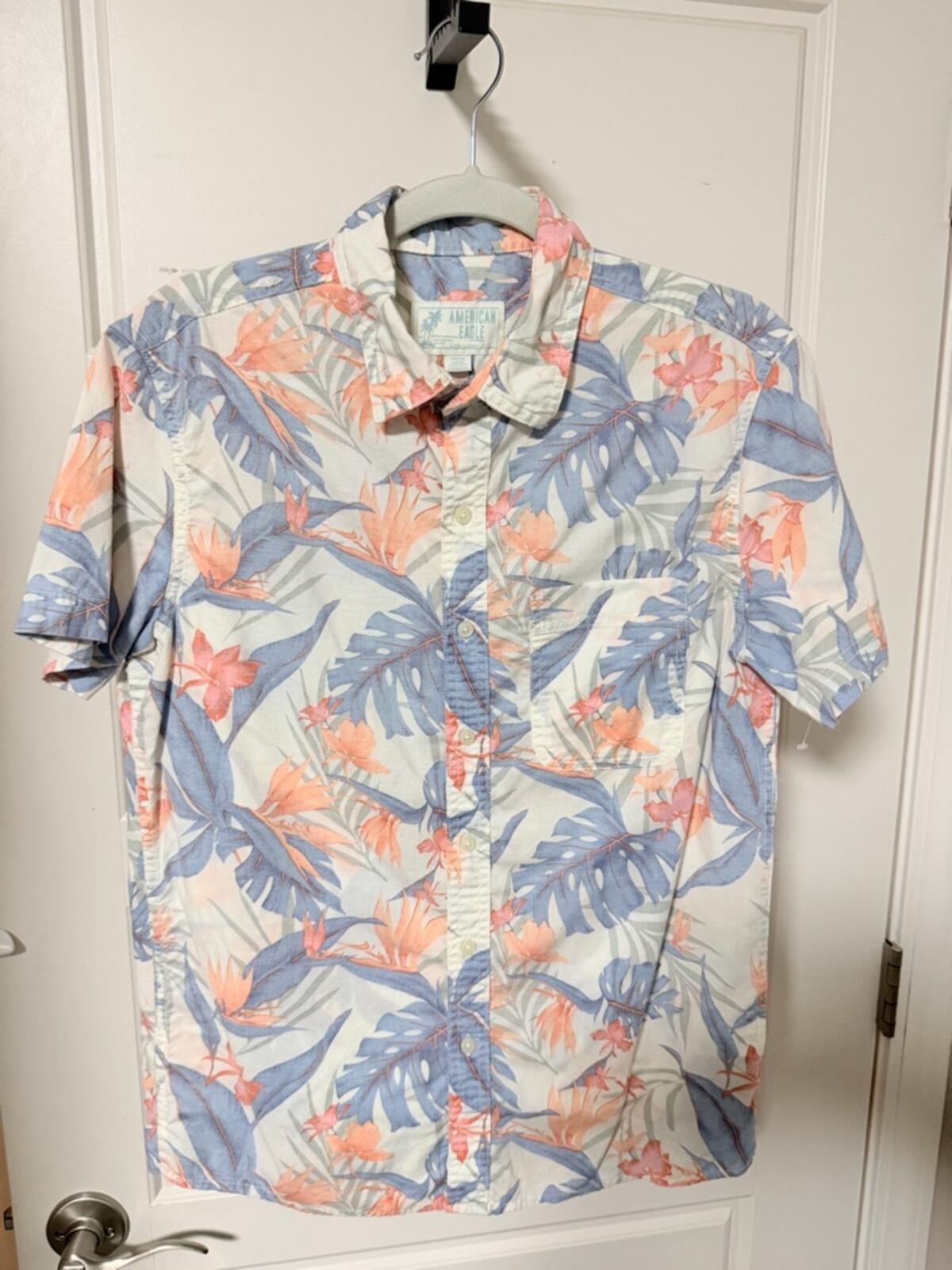 American Eagle Outfitters Floral Button-Up Shirt - Cream, Blue, Coral