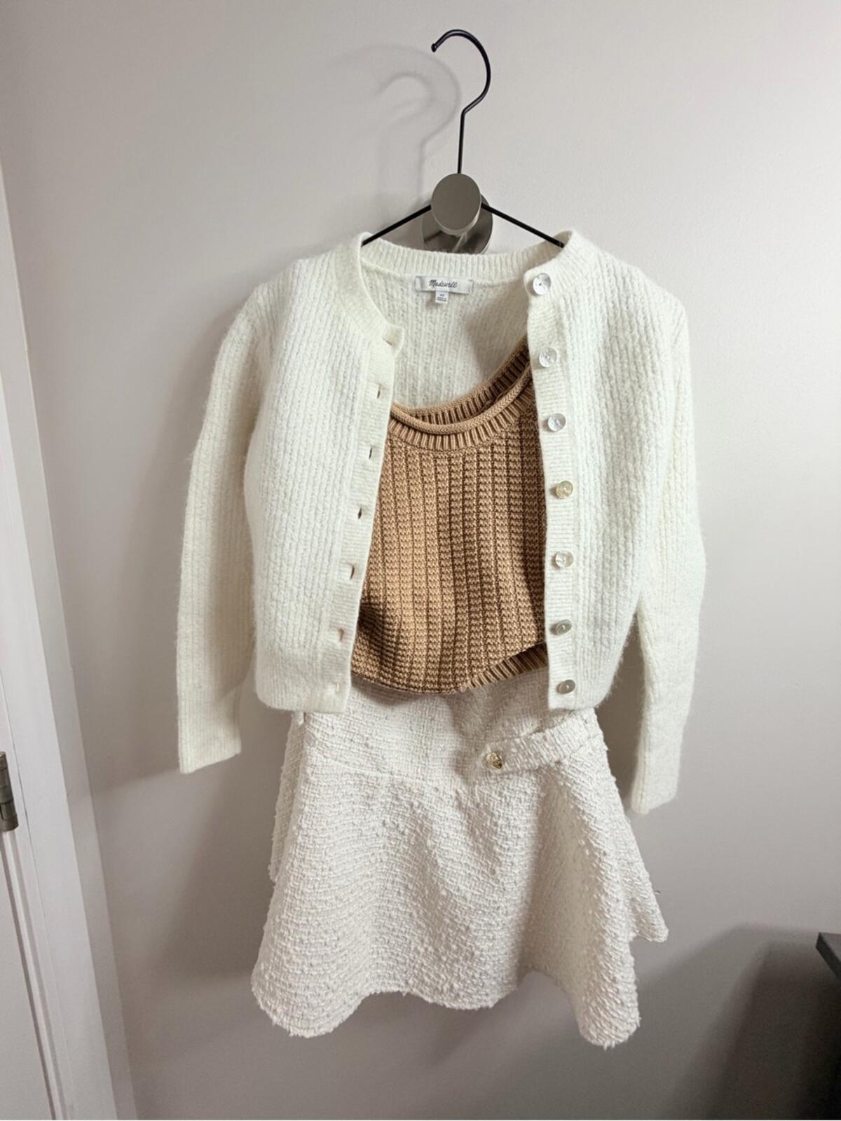 Ecru Knit Cardigan with Camel Rib Tank - Unbranded