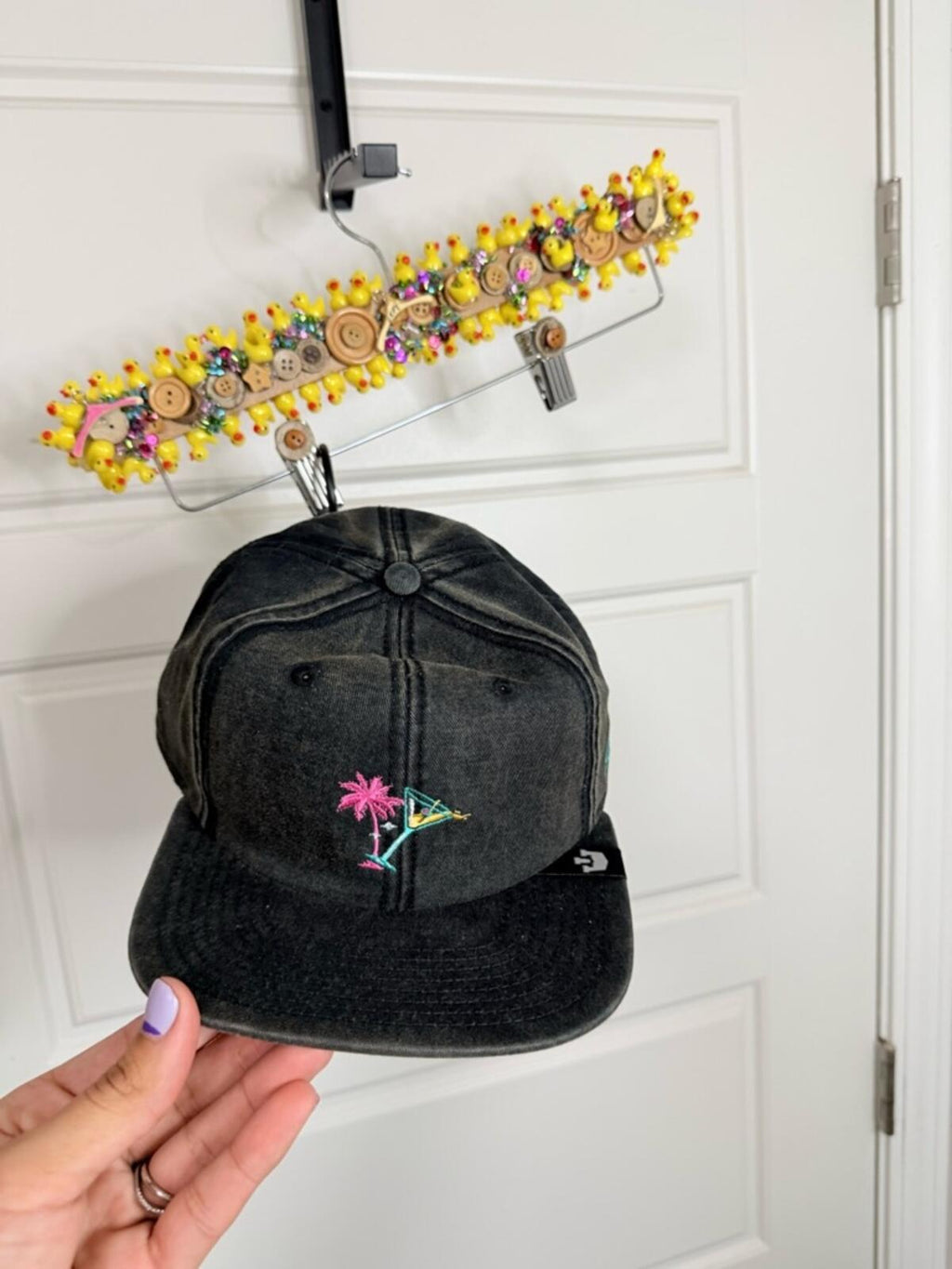 Men's Black Baseball Cap with Pink Palm & Neon Martini Embroidery