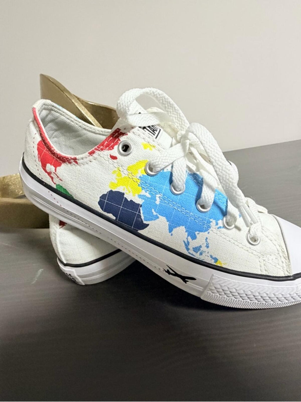 BIG kids White Canvas Sneakers with Blue & Red Paint-Style Accents