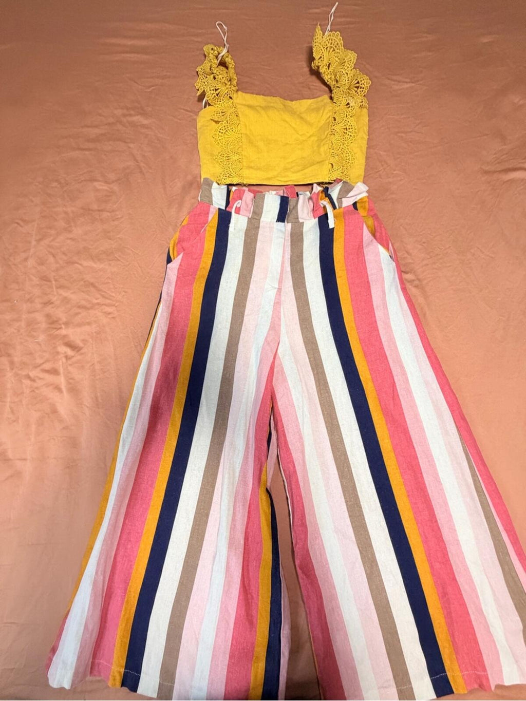 Yellow Crochet-Trim Tank with Multicolor Stripe Pants