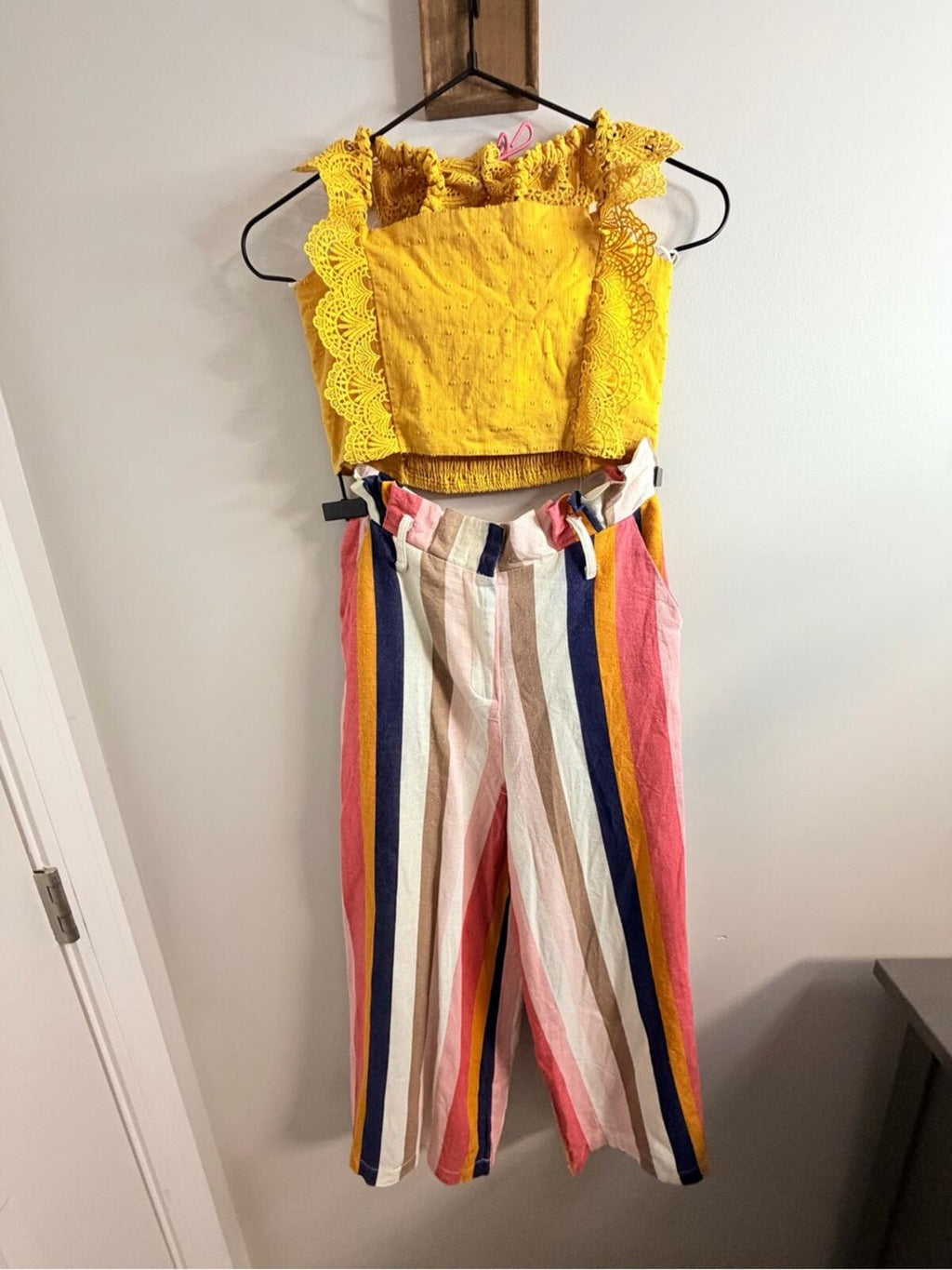 Yellow Crochet-Trim Tank with Multicolor Stripe Pants