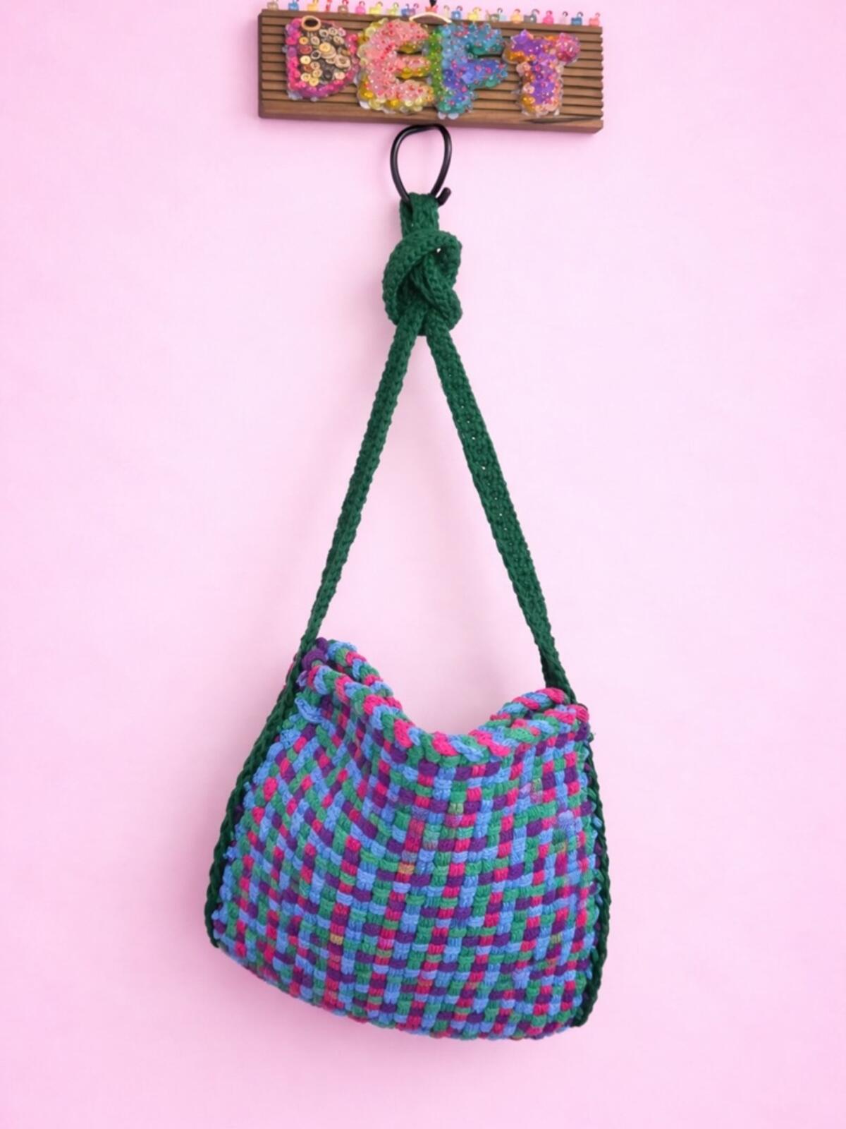 Handwoven Shoulder Bag in Green, Blue & Pink