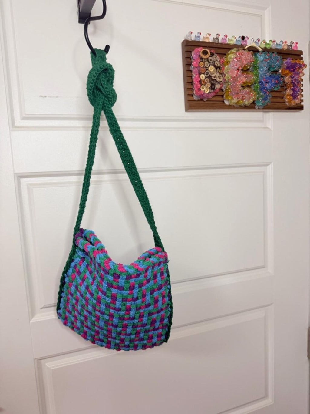 Handwoven Shoulder Bag in Green, Blue & Pink