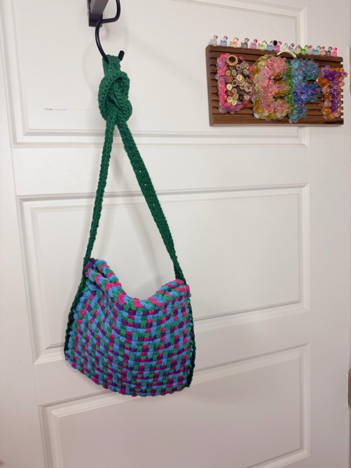 Handwoven Shoulder Bag in Green, Blue & Pink
