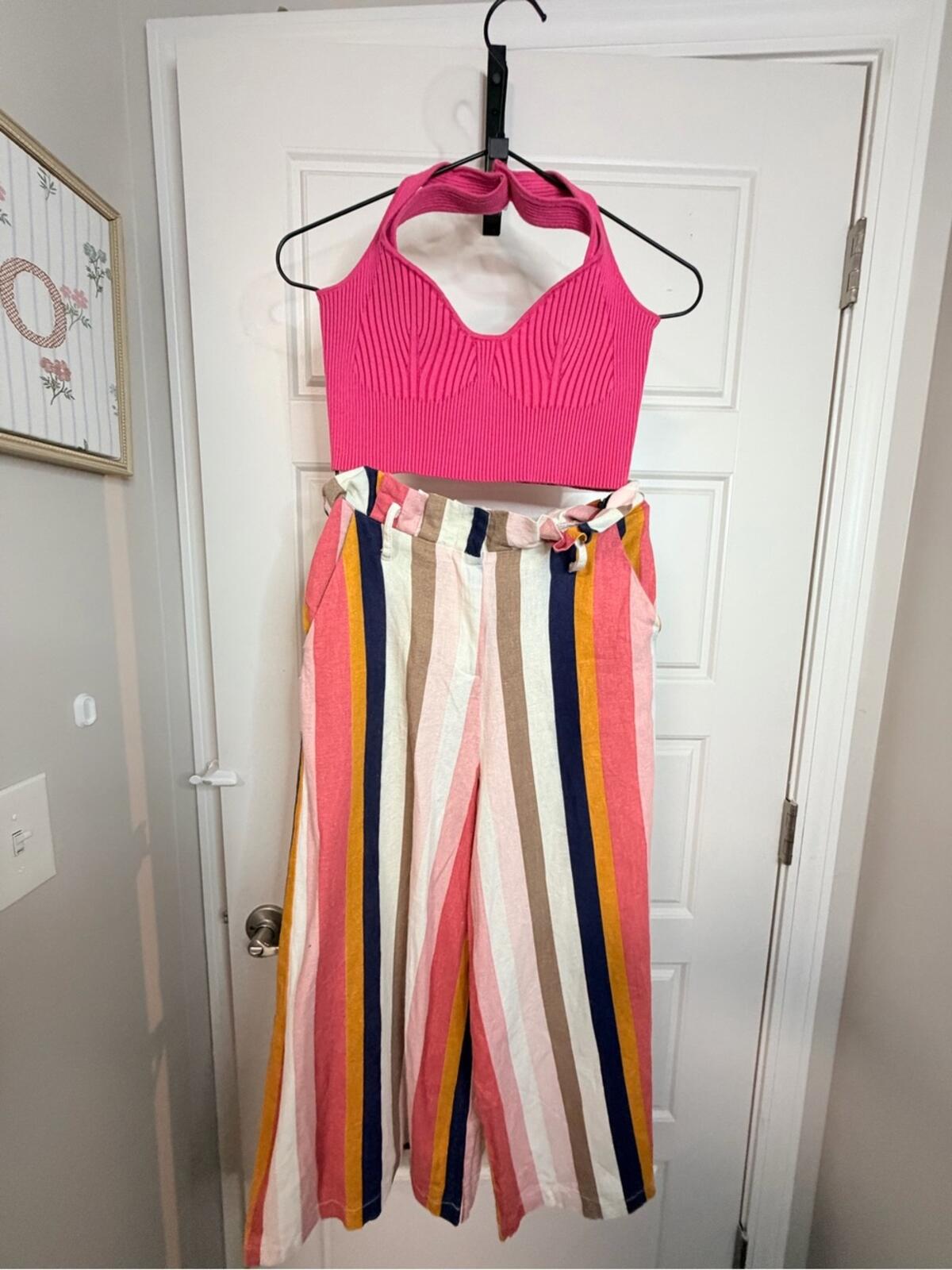 Women’s Pink Halter Crop Top & Multicolor Striped Wide-Leg Pants Set