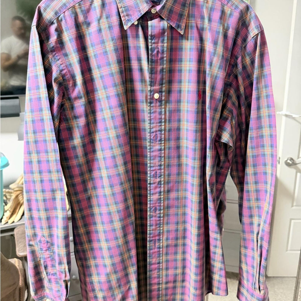Ralph Lauren Men's Pink and Blue Plaid Shirt