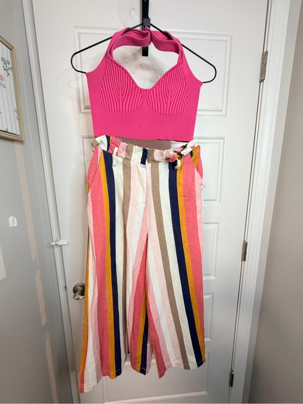 Women’s Pink Halter Crop Top & Multicolor Striped Wide-Leg Pants Set